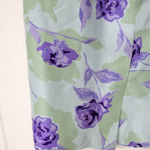Albert Nippon Green Silk Skirt with Purple Roses Vintage - Picture 5 of 8